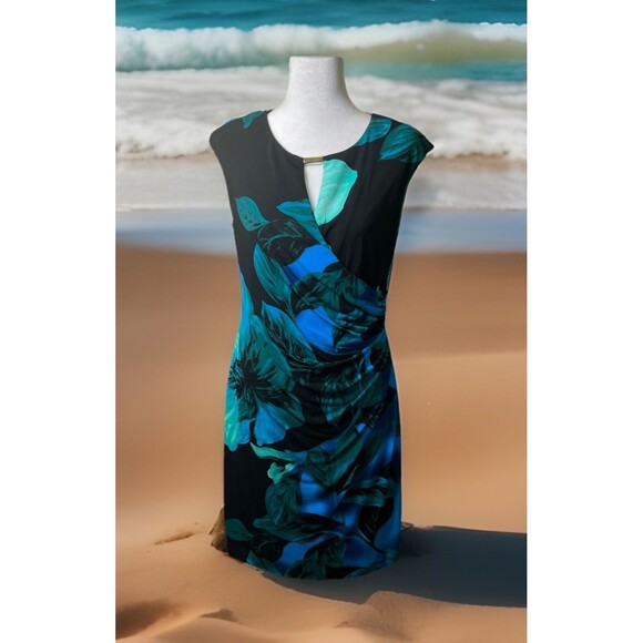 Ronni Nicole Dresses & Skirts - RN Studio Ronni Nicole Black Blue Green Floral Faux Wrap Ruched Keyhole Sz 10P